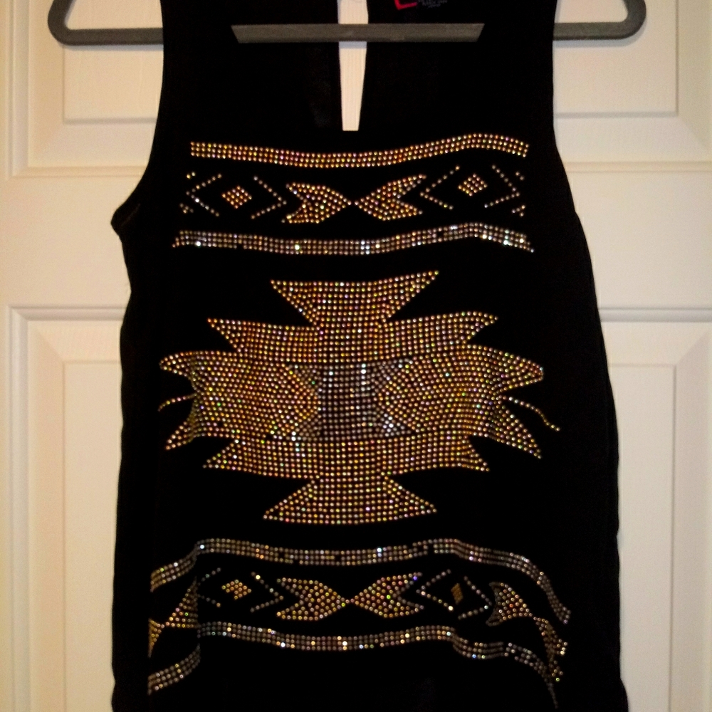 Tribal rhinestone embellished black tank